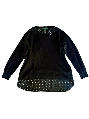 LAUREN RALPH LAUREN Polka Dot & Black Pullover Twofer Sweater  Petite Medium